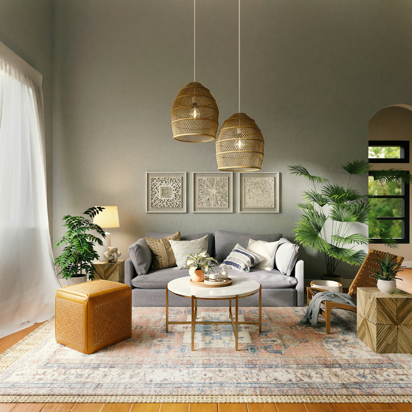 Sage walls with rattan pendant lights