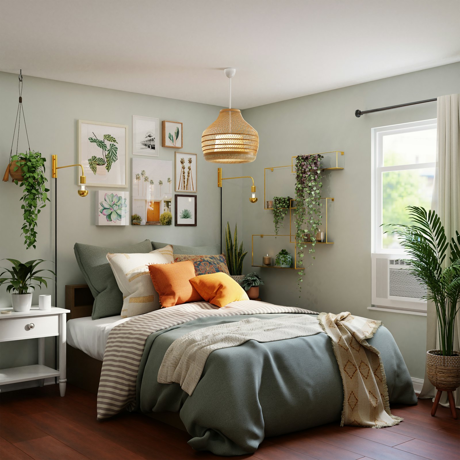 Bedroom in sage and rust tones with soft lighting