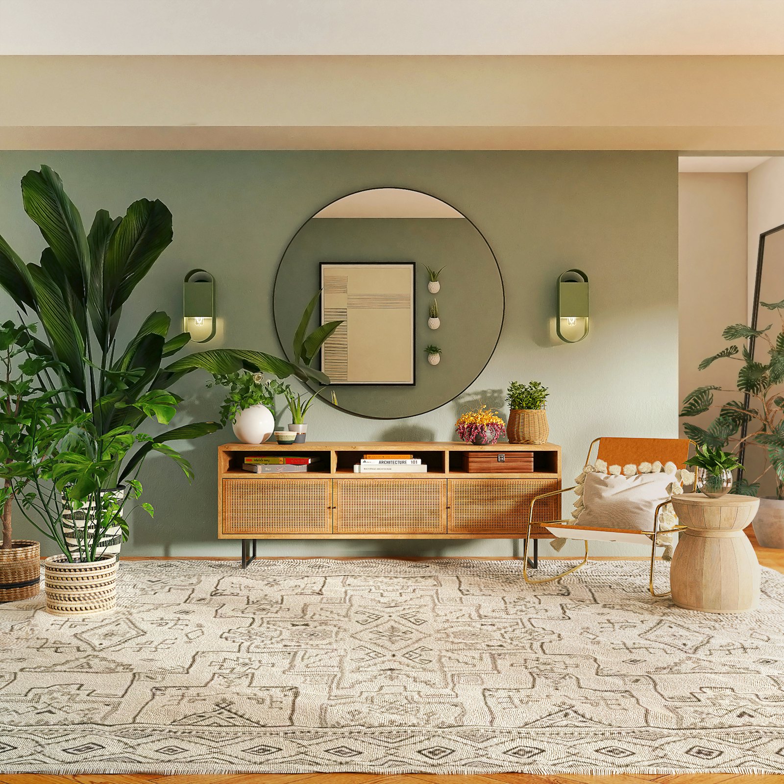 Sage green living room with a round mirror and patterned rug