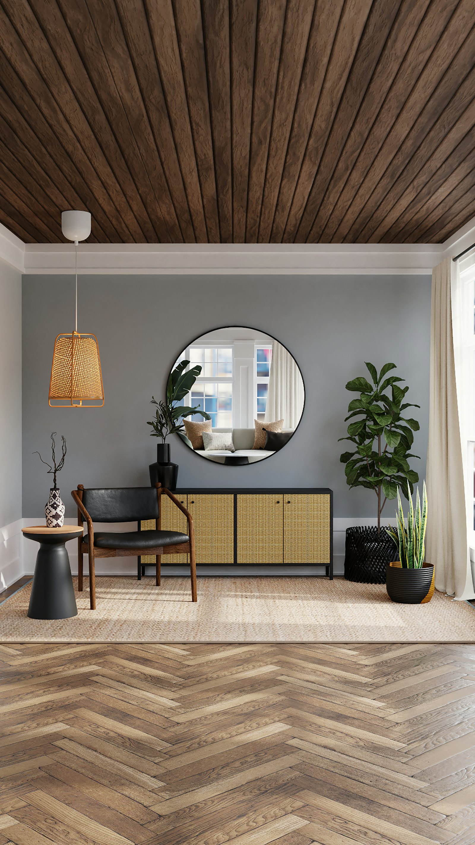Hallway with timber ceiling and a round mirror
