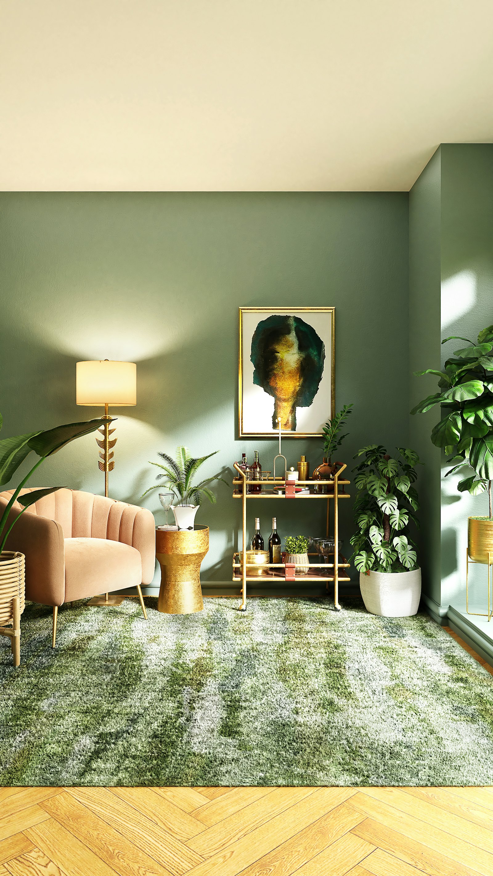 Green reading corner with a terracotta armchair