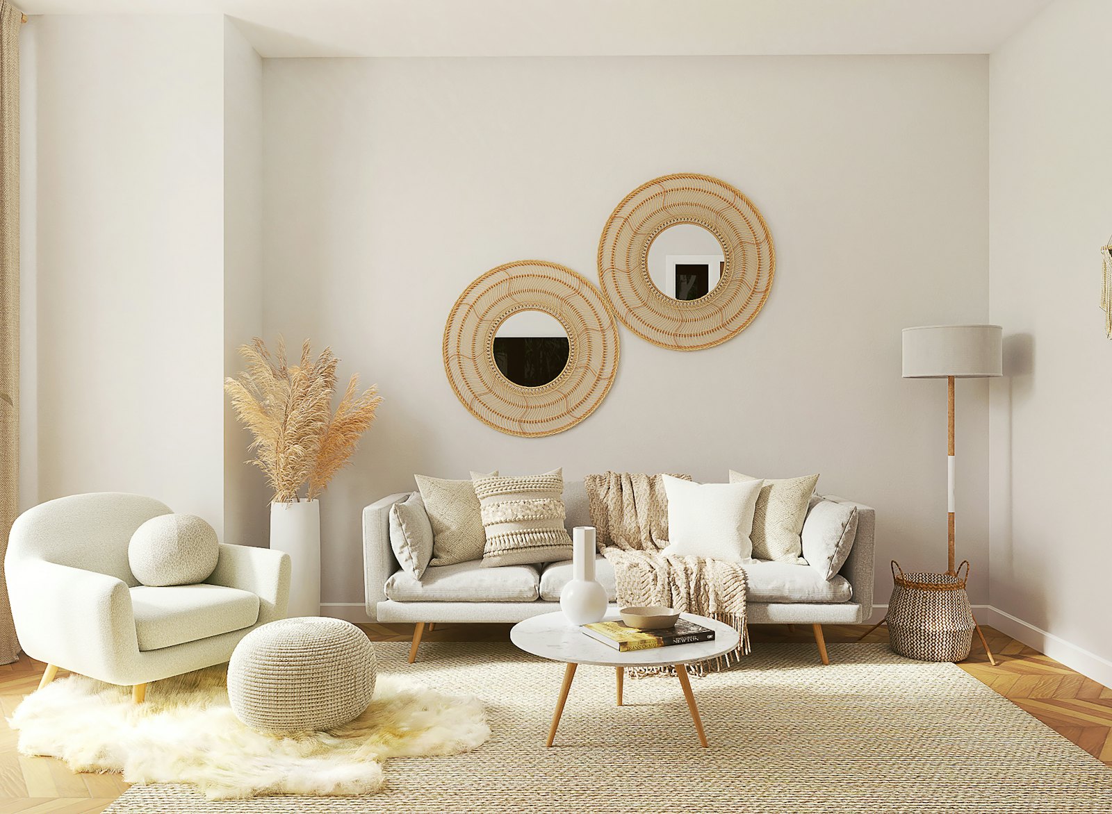 Soft neutral living room with round mirrors